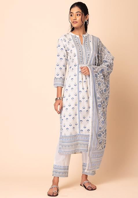 Navy Blue Floral Boota Cotton A-Line Kurta Set