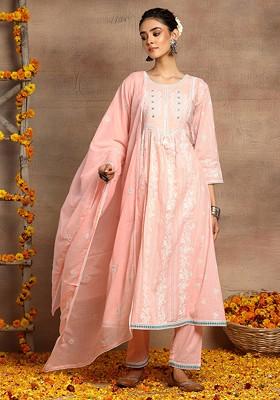 Peach Floral Print Embroidered Cotton Kurta With Pants And Dupatta (Set of 3)