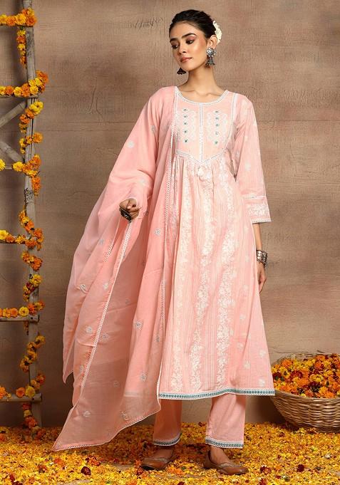Peach Floral Print Embroidered Cotton Kurta With Pants And Dupatta (Set of 3)