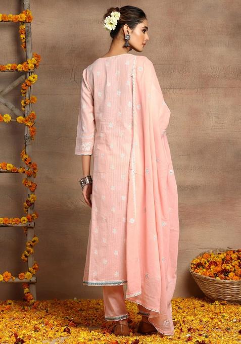 IVORY EMBROIDERED COTTON KURTA WITH PEACH PANTS main image 1