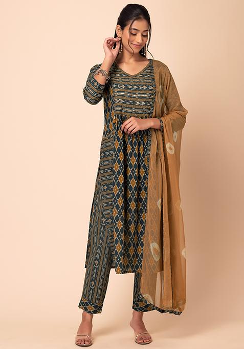 Green - Hand Batik Printing Cotton Kurta with Palazzo & Dupatta Set