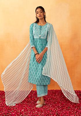 Green Leaf Print Embroidered Cotton Kurta With Pants And Dupatta (Set of 3)