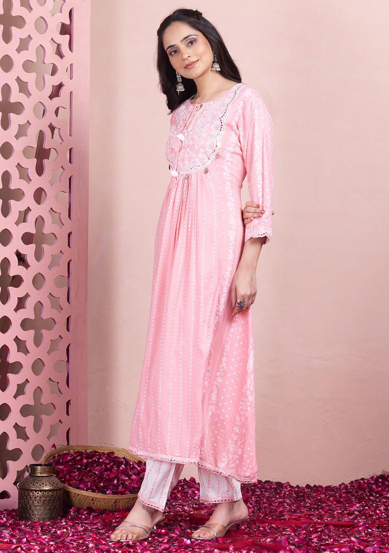 Pastel Pink Thread Embroidered Rayon Kurta With Pants And Dupatta (Set of 3)