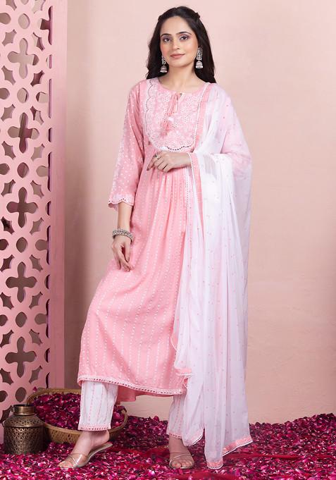 Pastel Pink Thread Embroidered Rayon Kurta With Pants And Dupatta (Set of 3)