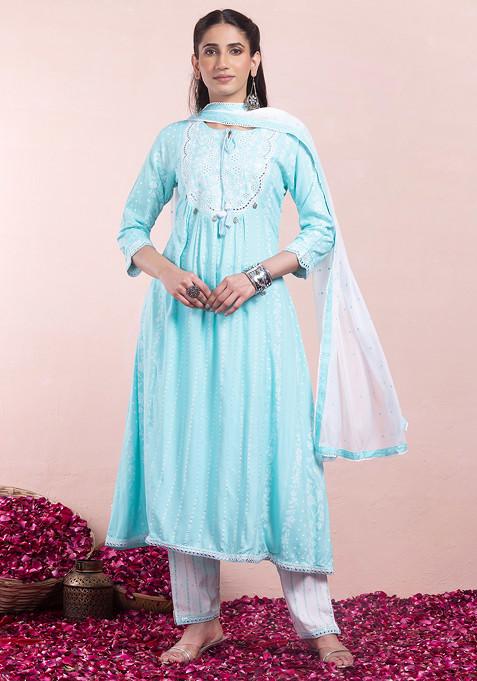 Light Blue Thread Embroidered Rayon Kurta With Pants And Dupatta (Set of 3)