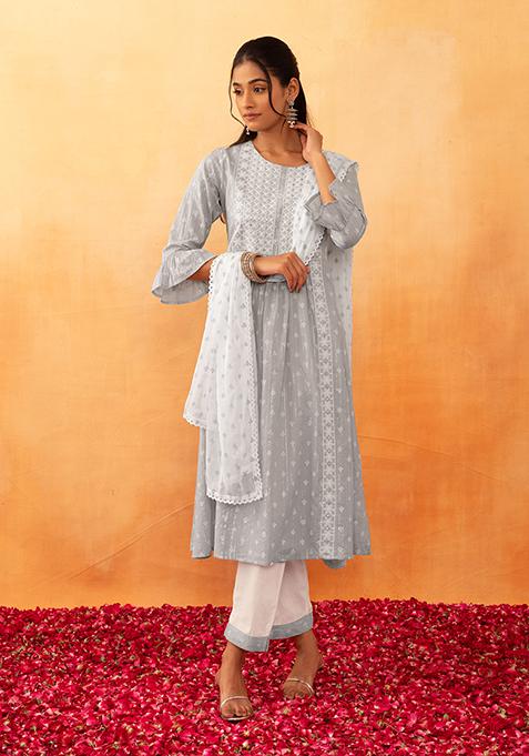 Grey Thread Embroidered Cotton Kurta With Pants And Dupatta (Set of 3)