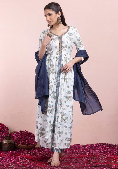 Off White And Blue Floral Print Rayon Kurta With Pants And Dupatta (Set of 3)