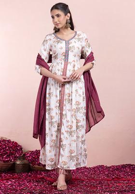 Off White And Red Floral Print Rayon Kurta With Pants And Dupatta (Set of 3)
