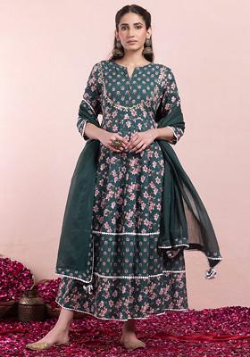 Green Floral Print Tiered Cotton Anarkali Kurta With Pants And Dupatta (Set of 3)