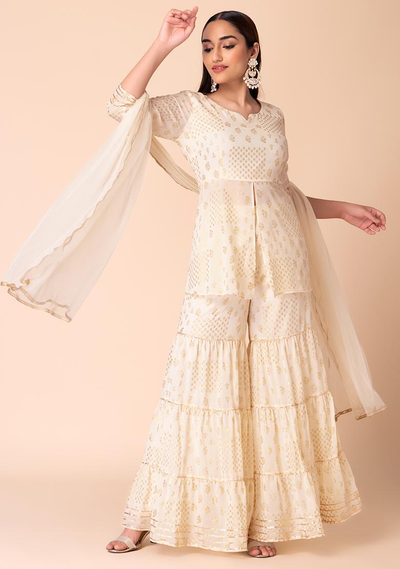 Ivory Floral Foil Print Sharara With Front Slit Kurta And Dupatta (Set of 3)