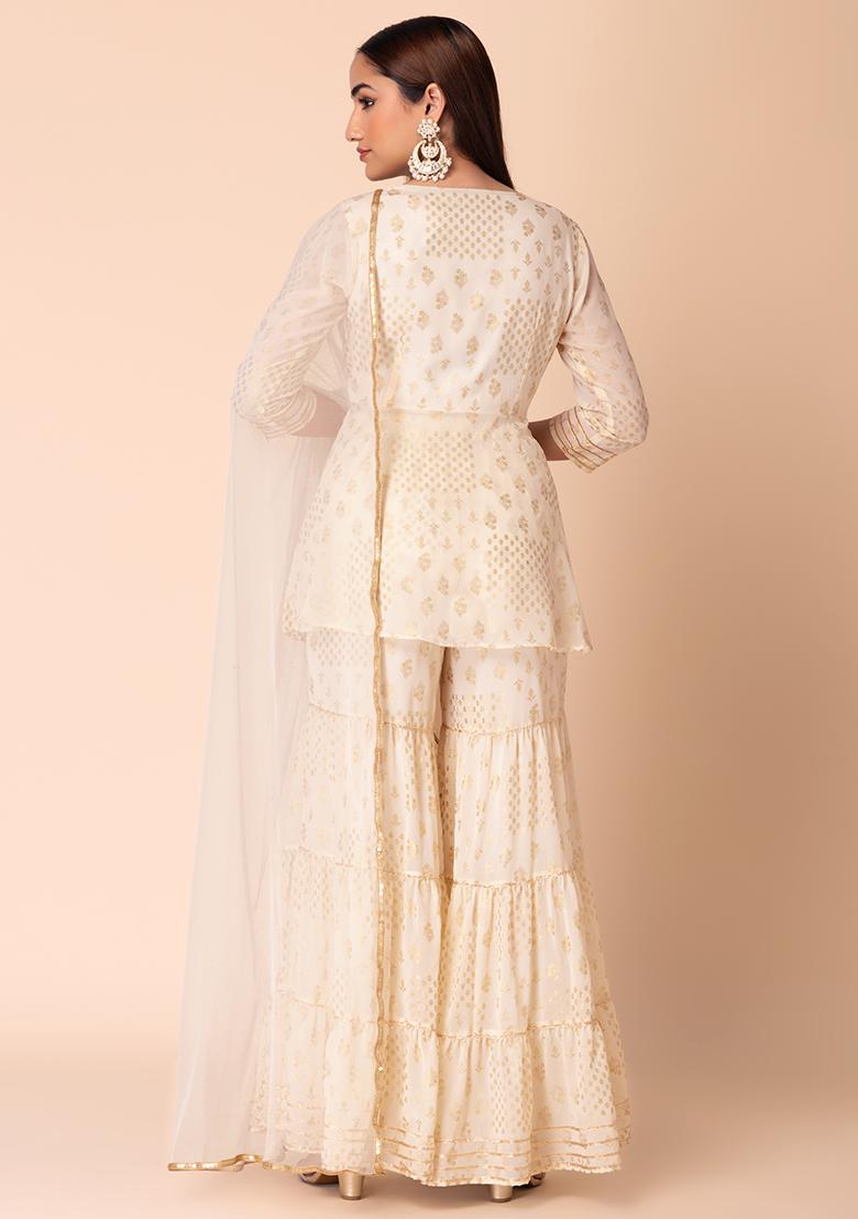 Ivory Floral Foil Print Sharara With Front Slit Kurta And Dupatta (Set of 3)