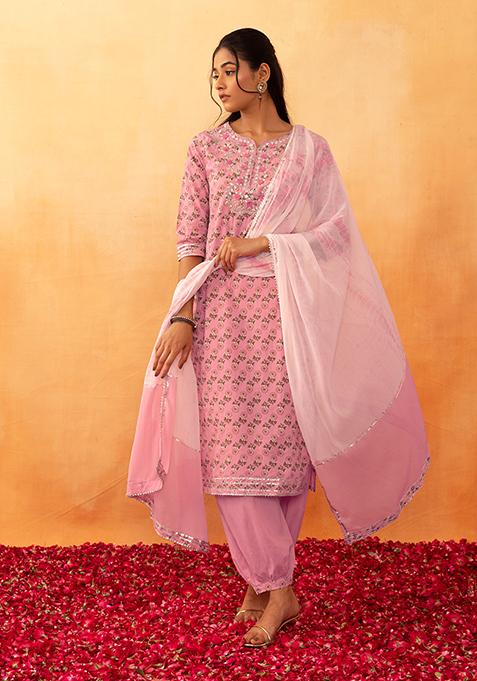 Light Pink Floral Print Embroidered Cotton Kurta With Pants And Dupatta (Set of 3)
