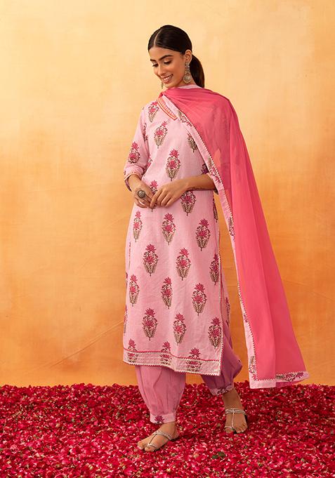 Light Pink Floral Boota Print Cotton Kurta With Salwar And Dupatta (Set of 3)