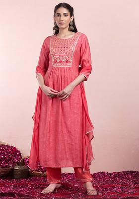 Pink Bandhani Print Muslin A-Line Kurta With Pants And Dupatta (Set of 3)