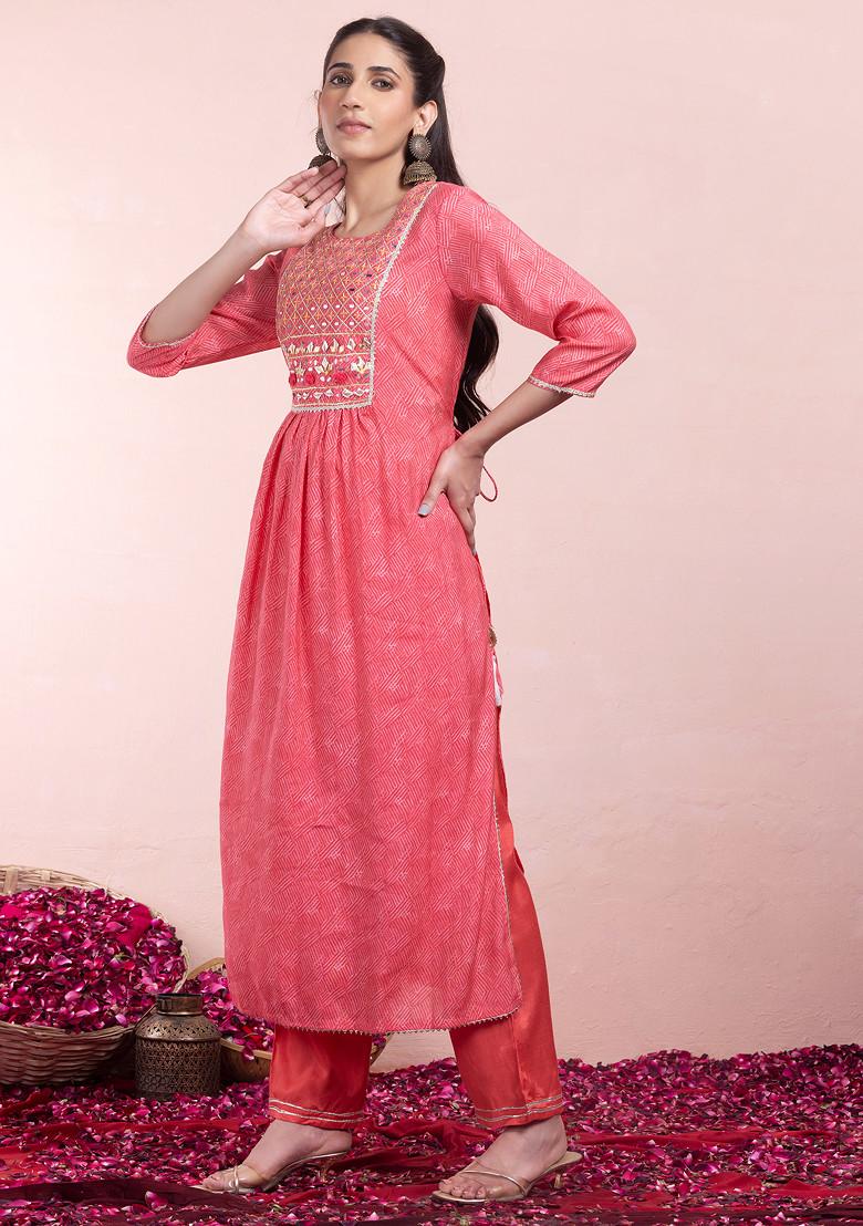 Pink Bandhani Print Muslin A-Line Kurta With Pants And Dupatta (Set of 3)
