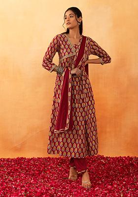 Red Floral Boota Print Cotton A-Line Kurta With Pants And Dupatta (Set of 3)
