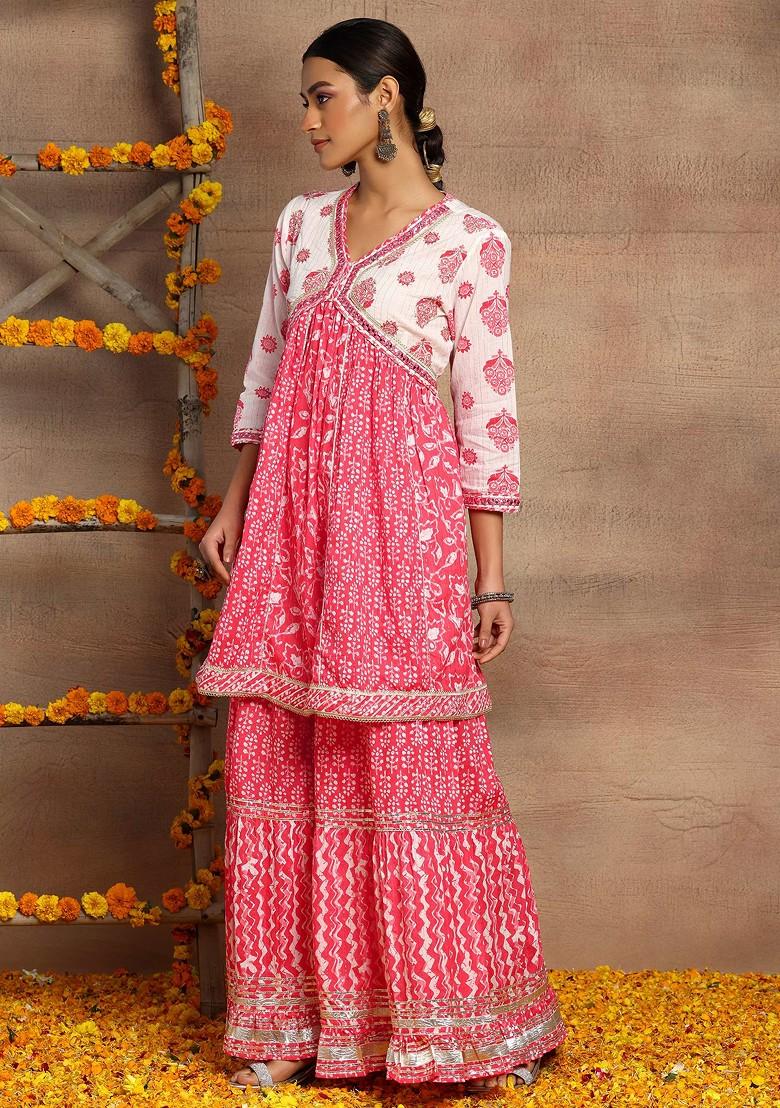 Pink Floral Boota Print Cotton Anarkali Kurta With Sharara And Dupatta (Set of 3)