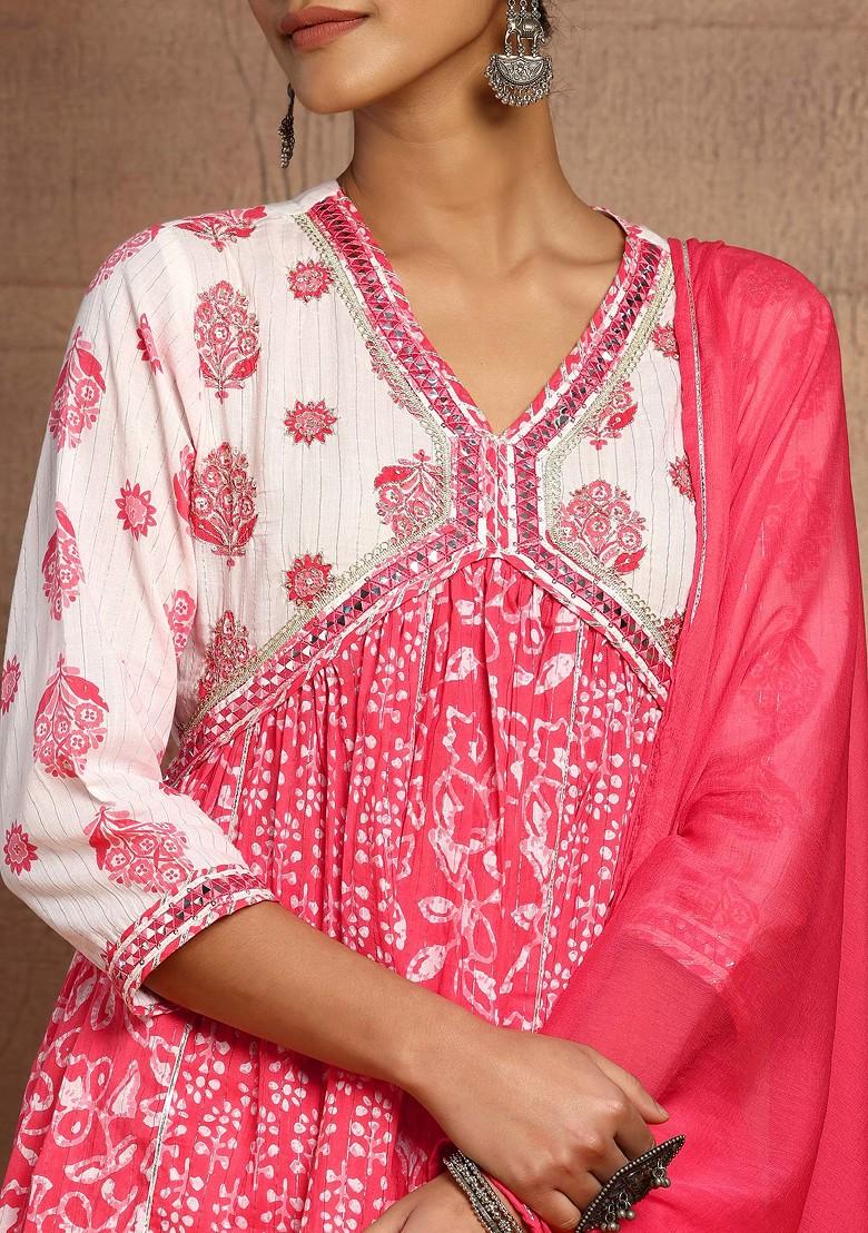 Pink Floral Boota Print Cotton Anarkali Kurta With Sharara And Dupatta (Set of 3)