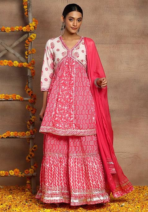 Pink Floral Boota Print Cotton Anarkali Kurta With Sharara And Dupatta (Set of 3)