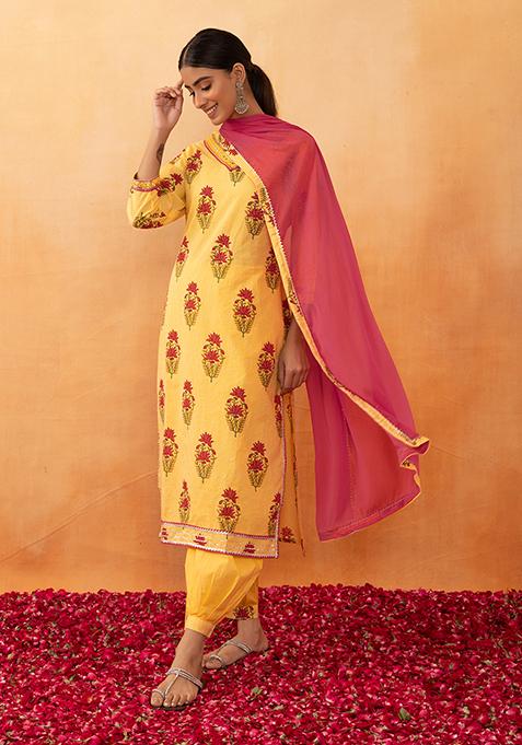 Yellow Floral Boota Print Cotton Kurta With Salwar And Dupatta (Set of 3)