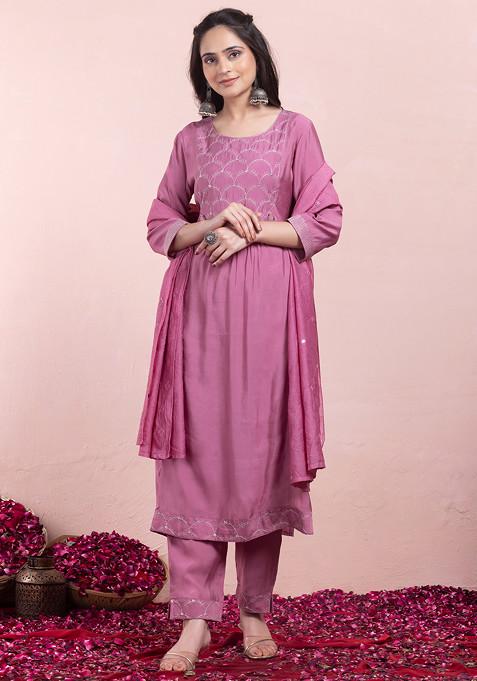 Pink Zari Embroidered Chanderi A-Line Kurta With Pants And Dupatta (Set of 3)