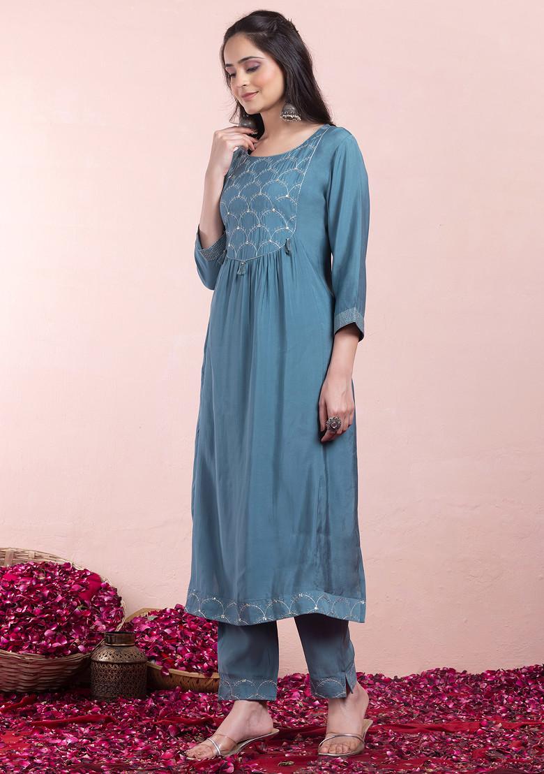 Turquoise Zari Embroidered Chanderi A-Line Kurta With Pants And Dupatta (Set of 3)