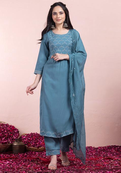Turquoise Zari Embroidered Chanderi A-Line Kurta With Pants And Dupatta (Set of 3)