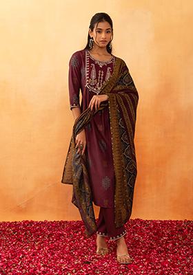 Maroon Geometric Print Chanderi A-Line Kurta With Pants And Dupatta (Set of 3)