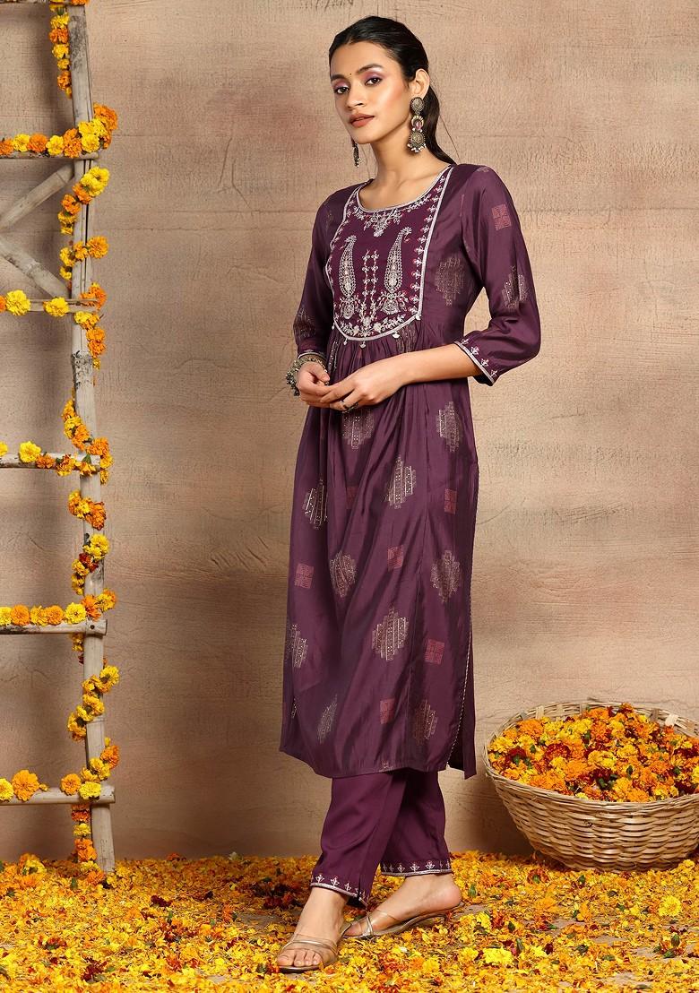 Purple Geometric Print Chanderi A-Line Kurta With Pants And Dupatta (Set of 3)