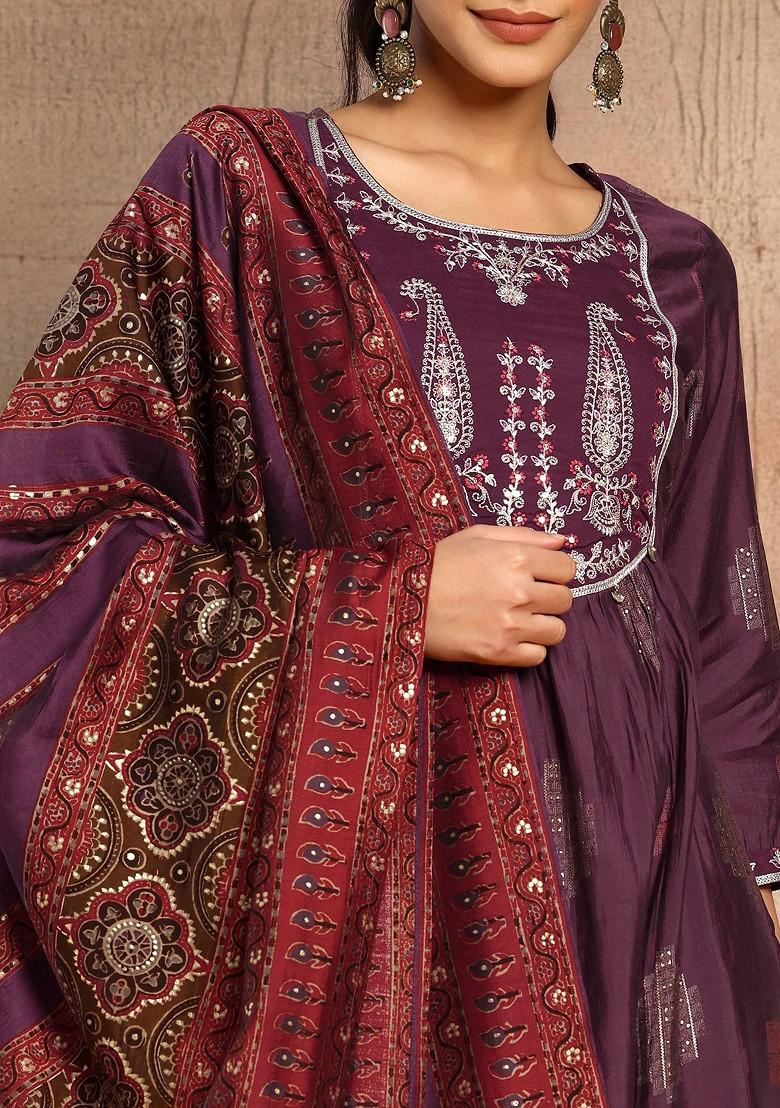 Purple Geometric Print Chanderi A-Line Kurta With Pants And Dupatta (Set of 3)