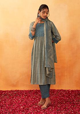 Sage Green Floral Striped Print Chanderi Kurta With Pants And Dupatta (Set of 3)