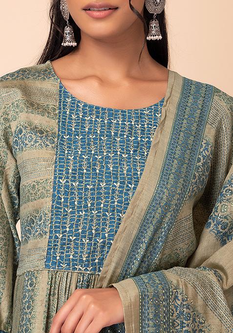 Chanderi Blend Floral & Stripe Print Dupatta in Aqua Blue