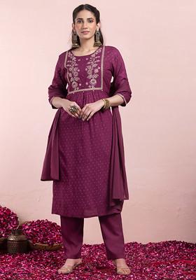 Purple Foil Print Rayon A-Line Kurta With Pants And Dupatta (Set of 3)