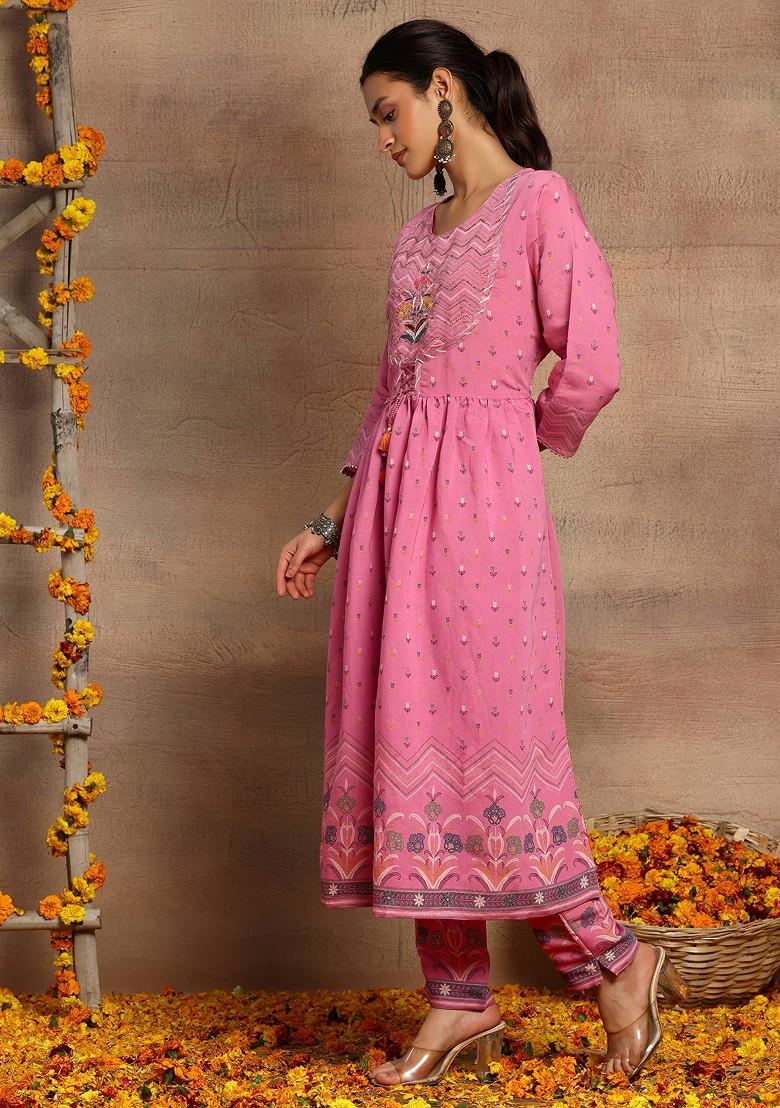 Pink Floral Print Chanderi Anarkali Kurta With Pants And Contrast Dupatta (Set of 3)