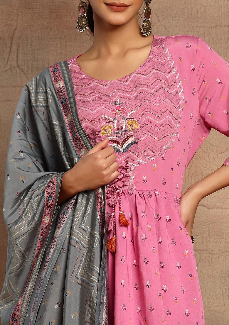 Pink Floral Print Chanderi Anarkali Kurta With Pants And Contrast Dupatta (Set of 3)