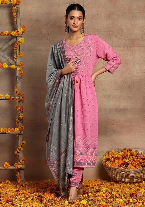 Pink Floral Print Chanderi Anarkali Kurta With Pants And Contrast Dupatta (Set of 3)