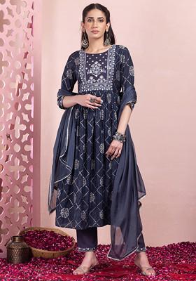 Navy Blue Geometric Grid Print Chanderi A-Line Kurta With Pants And Dupatta (Set of 3)