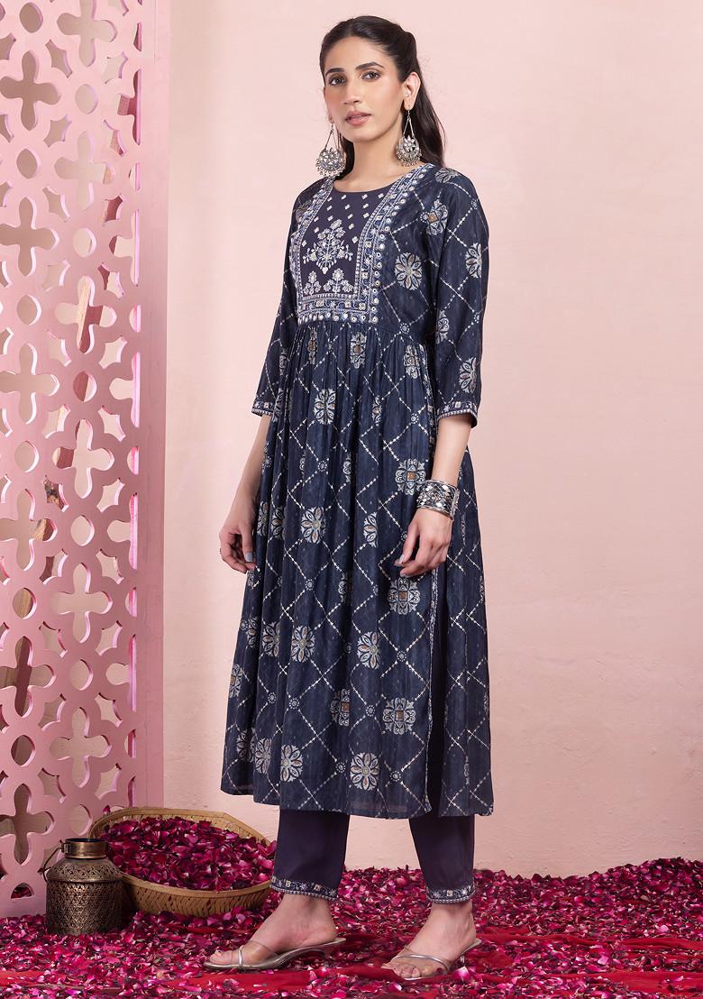 Navy Blue Geometric Grid Print Chanderi A-Line Kurta With Pants And Dupatta (Set of 3)