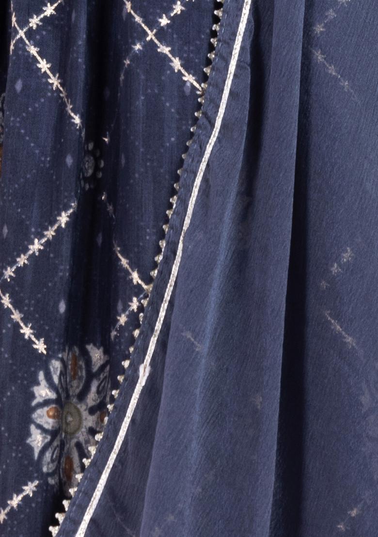 Navy Blue Geometric Grid Print Chanderi A-Line Kurta With Pants And Dupatta (Set of 3)