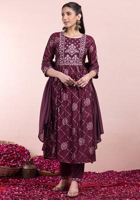 Maroon Geometric Grid Print Chanderi A-Line Kurta With Pants And Dupatta (Set of 3)