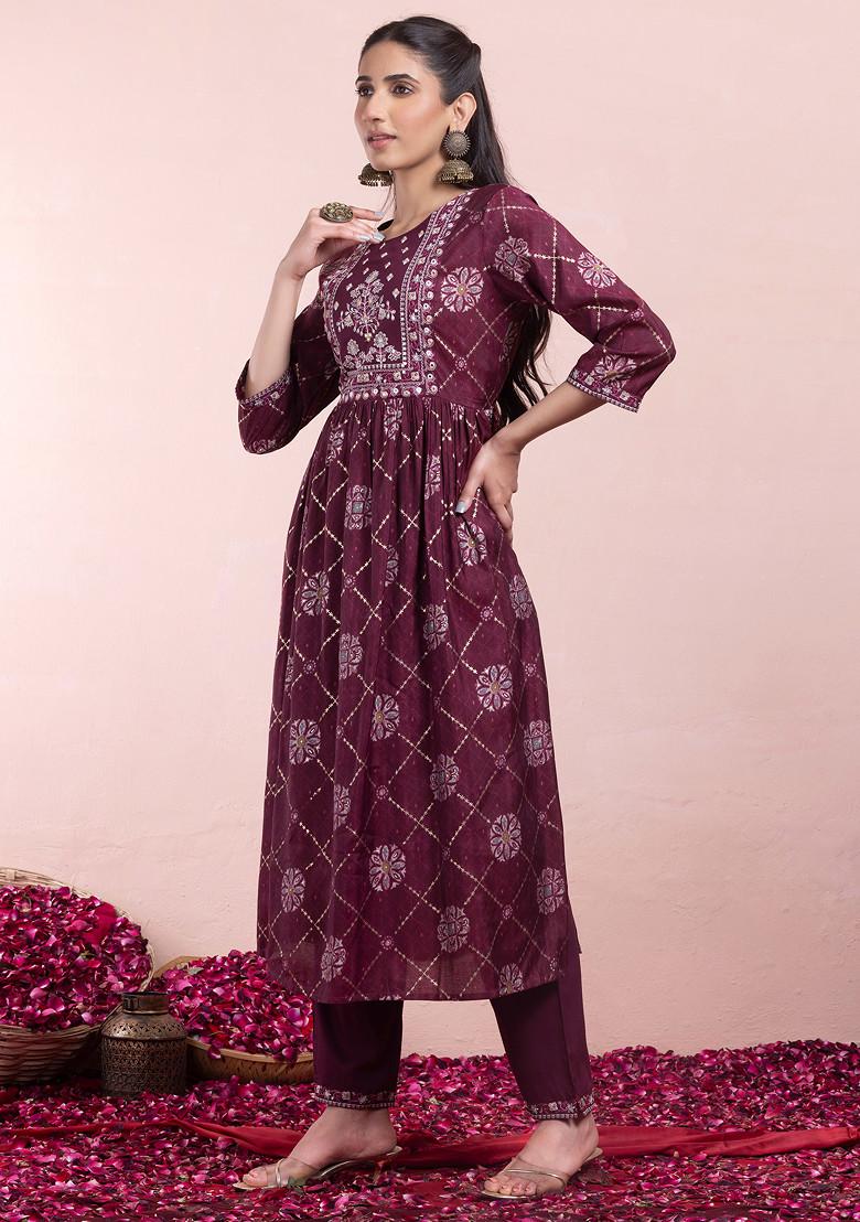 Maroon Geometric Grid Print Chanderi A-Line Kurta With Pants And Dupatta (Set of 3)