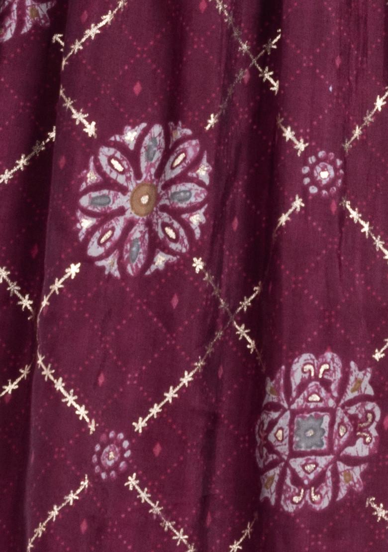 Maroon Geometric Grid Print Chanderi A-Line Kurta With Pants And Dupatta (Set of 3)