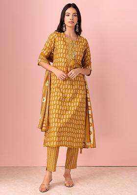 Mustard Yellow Floral Print Muslin Kurta With Pants And Printed Dupatta (Set of 3)