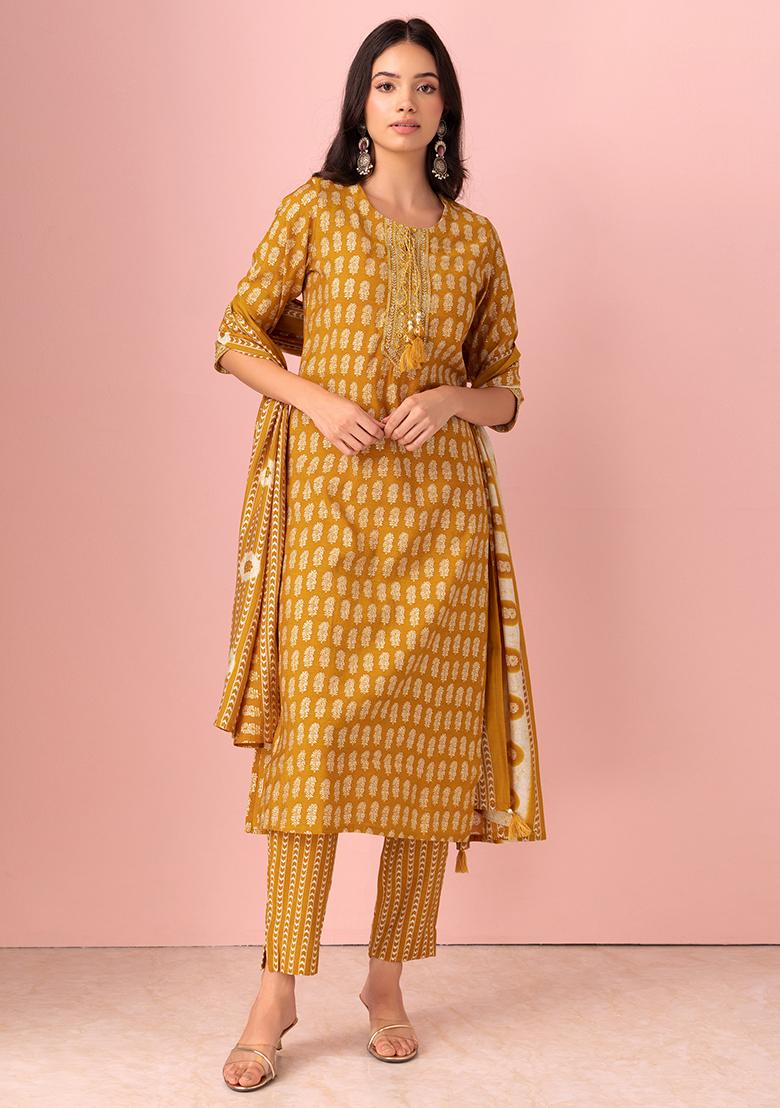 Buy Women Mustard Leheriya Print Embroidered Cotton Kurta With Pants (Set  Of 2) - Feed-Kurta-Sets - Indya