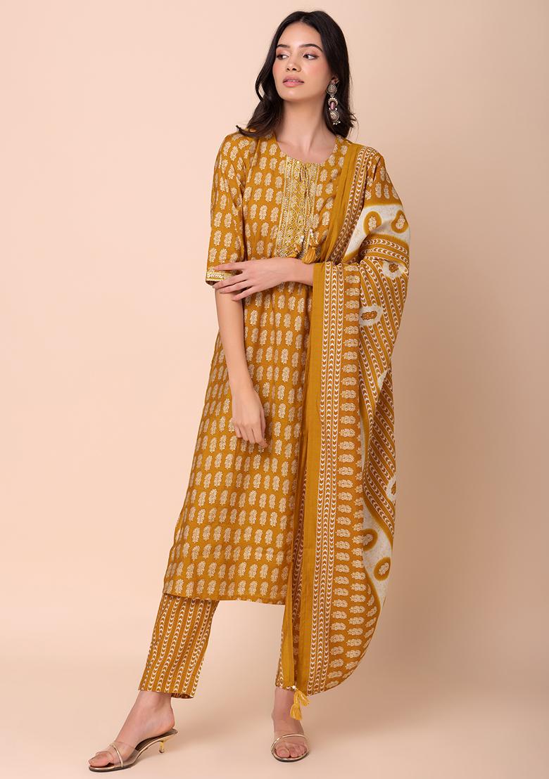 Mustard Yellow Floral Print Muslin Kurta With Pants And Printed Dupatta (Set of 3)