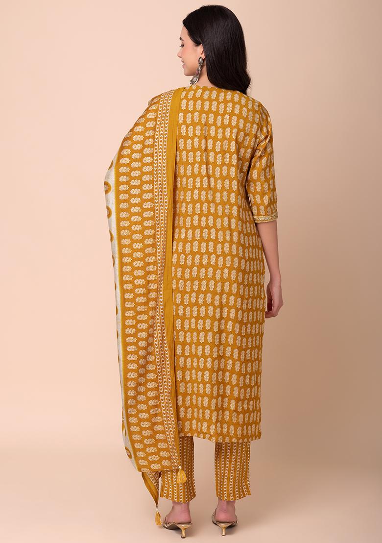 Mustard Yellow Floral Print Muslin Kurta With Pants And Printed Dupatta (Set of 3)