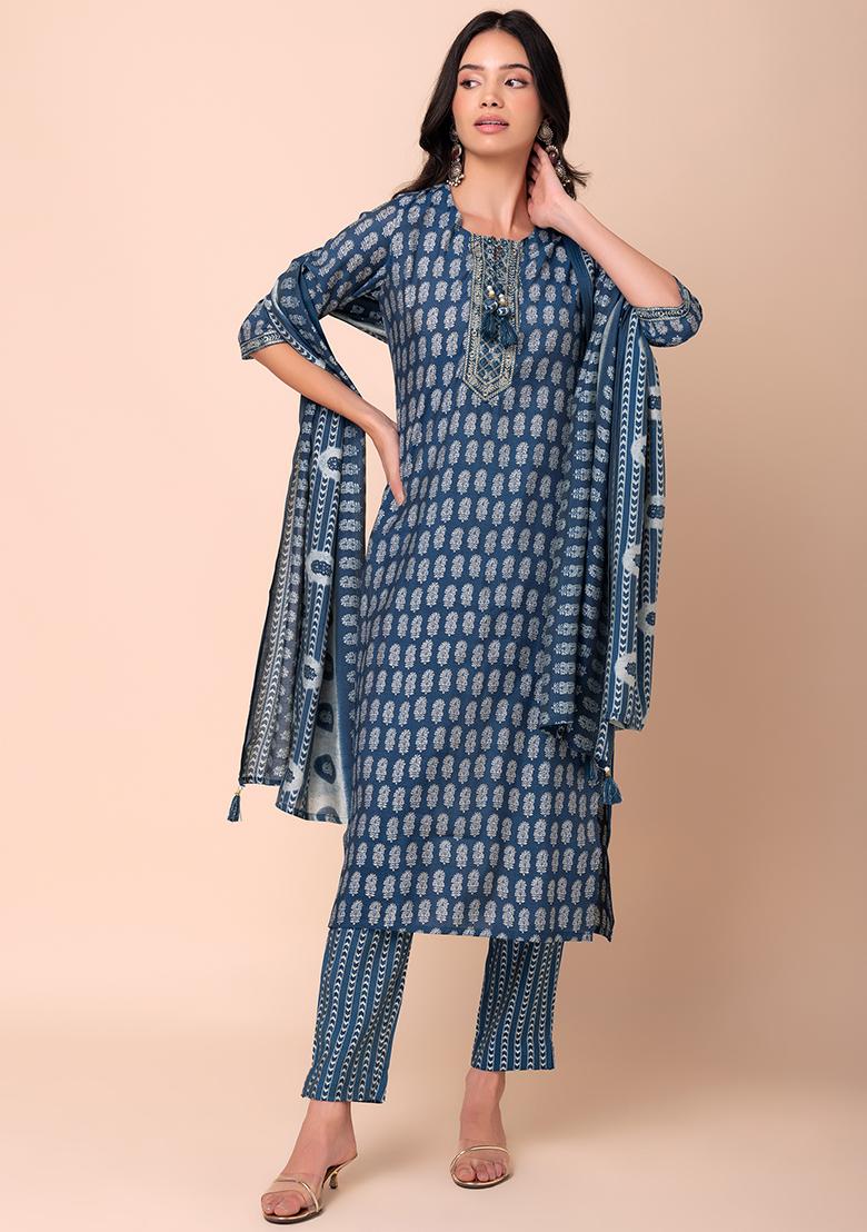 Blue Floral Print Muslin Kurta With Pants And Printed Dupatta (Set of 3)