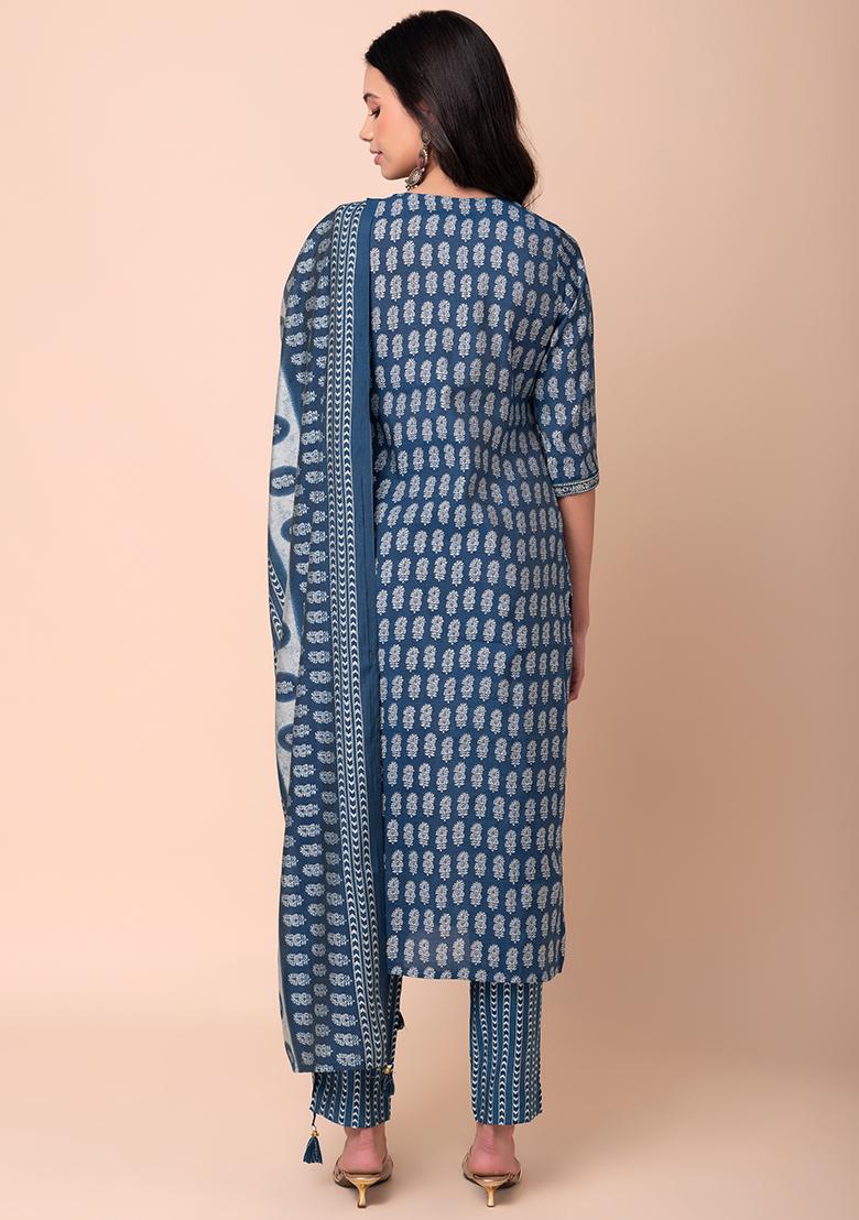 Blue Floral Print Muslin Kurta With Pants And Printed Dupatta (Set of 3)
