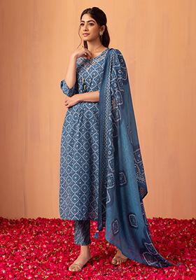 Blue Bandhani Print Embroidered Muslin Kurta With Pants And Dupatta (Set of 3)