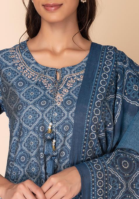 Buy Women Blue Bandhani Print Embroidered Muslin Kurta With Pants And ...